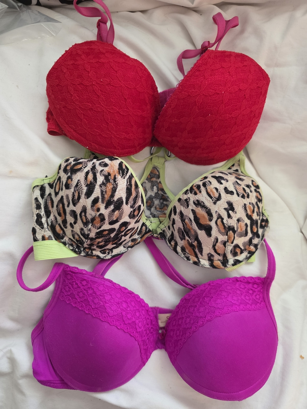NWOT- lei 3 Pack 34B Red, Leopard Print & Fuchsia Push-Up Bra Trio